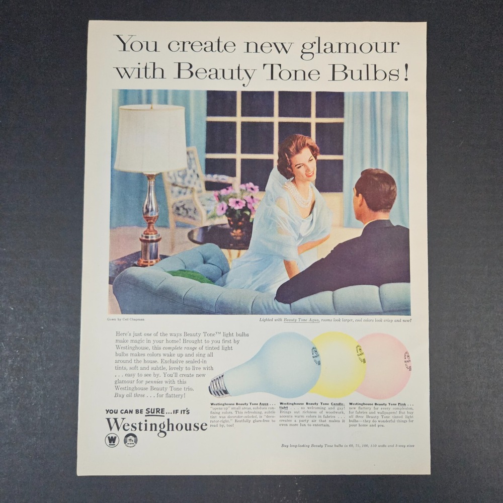1957 Westinghouse Beauty Tone Light Bulbs Vintage Print‎ Ad Gown by Ceil Chapman